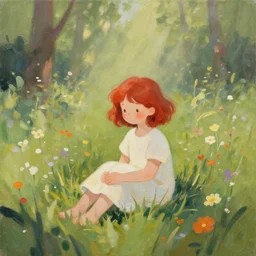 a cute young girl with short curly red hair sitting in a field of flowers, god rays are passing through the trees in the background, abstract painting, low saturation, calm feeling
