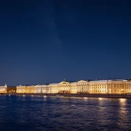 a view from the neva river in saint petersburg at night with the sky full of stars, intricate, elegant, highly detailed, digital painting, artstation, concept art, smooth, sharp focus, colored illustration for tattoo, art by krenz cushart and artem demura and alphonse mucha