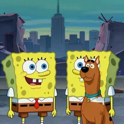 film frame of spongebob and scooby - doo watching a destroyed new york in the distance. phatos, sad, dramatic style 4 k quality rule of thirds spongebob and scooby - doo detail cinematic color grading by christopher nolan. portrait photography. close shot