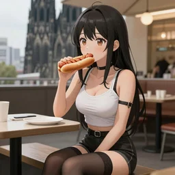 anime girl in stockings eating a bratwurst in koln Germany, pixiv, unreal engine, photorealistic