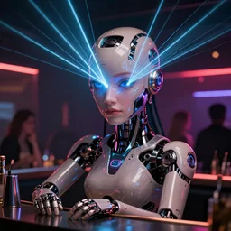 ultra detailed portrait of a futuristic cybernetic cyborg bartender in a night club, by tom bagshawand anna dittman, laser light show, perfect eyes and face, 3 5 mm lens, biomechanical robot, deep depth of field, artstation, 8 k