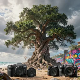an impressive ominous cinematic shot photo of a great big bonzai tree beach volumetric dynamic fluid simulation lighting light god rays impressive masterpiece hyper detailed intricate sharp focus 8 k realistic illustration canon eos r 3 fujifilm x - t 3 0 sony alpha, by james gurney tooth wu artgerm colorful!!! graffiti!!!