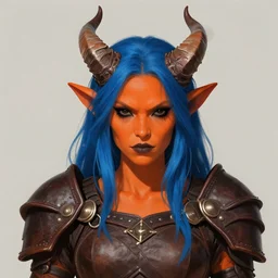 illustrated realistic portrait female kobold horns  orange skin and blue hair with black evil eyes wearing leather armor