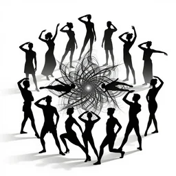 symmetry, multiple humans in solid silhouettes, saluting, dancing, interacting and posing, organic and intricate, elegant, highly detailed, concept art, sharp focus, illustration, high contrast, long shadows, painted with colour on white, 8 k