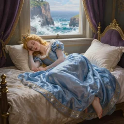 a hyperdetailed matte painting of triss merigold as a princess asleep on a bed in a tower, sleeping princess!!!!, window that overlooking cliffs and crashing waves in the background, highly detailed, deep focus, elegant, digital painting, smooth, sharp focus, ultra realistic, 8 k, art by greg rutkowski and rembrandt and alphonse mucha