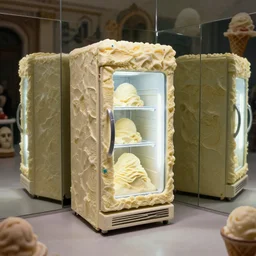 fridge in the middle of a neapolitan ice cream freezer, from 1 9 8 5, made out of ice cream, reflected in mirrors, ice cream in background, low - light photograph, three point perspective, miniature subsurface scattering, photography tyler mitchell