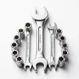 elegant socket wrench set, high detail macro photography, isolated on a pure white background, centered, entire object in frame, sharp focus, soft studio lighting