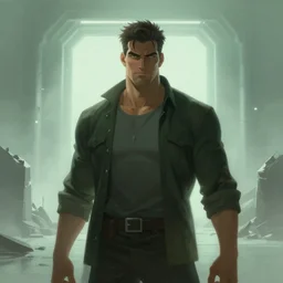battle hardened, overpowering, pragmatic, charismatic character from the animatrix 2, face centered portrait, confident, ruined cityscape, sterile minimalistic room, architecture, fog, volumetric lighting, illustration, perfectly shaded, greenish tinge, cold lights soft painting, art by krenz cushart and wenjun lin