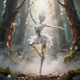 cinematic forest lighting, crystalline masterpiece incrustations, hyperdetailed metalwork, beauteous practical sumptuous pixie dancing in volumetric soft glowing mist, elegant pose, white pearlescent, chrome, iridescent titanium, crystal, liquid gold, copper, bronze, movie still, octane render, unreal engine, crepuscular rays,