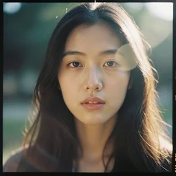 a hyper realistic portrait photography of a woman with long hair. agfa vista 4 0 0 film. detailed. depth of field. cinematic. lens flare. grainy film. warm light.