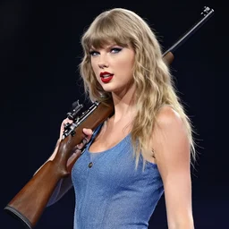 Taylor Swift carrying a rifle, photorealistic, trending on artstation