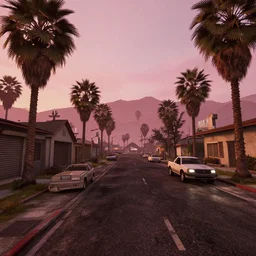hdr map of gta san andreas evening, pink sky, photorealistic, hyper detailed, hyper realistic, houdini, vfx, unreal engine 4, octane render, vray render, 8 k