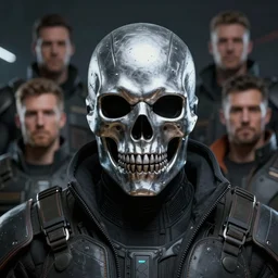 photo of a cyberpunk mercenary with a silver skull mask paint detailed digital artstation, portrait hd 4 k, by greg rutkowski and gaston bussiere and craig mullins and j. c. leyendecker, hd