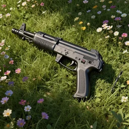 overgrown with flowers heckler & koch mp 7 ai. octane render. substance painter painter. black, matte metal. flower field. strong light with dabbled shadows. photoreal.