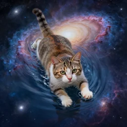 cat god swimming in between galaxies, painting, detailed, heavenly, 4 k