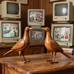realistic photo of the birds made of wood, polished and fancy, standing in the wooden room full of medieval computers. displays are shiny 1 9 9 0, life magazine reportage photo
