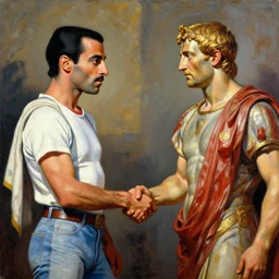 freddie mercury shaking hands with julius caesar, painting 4 k masterpiece