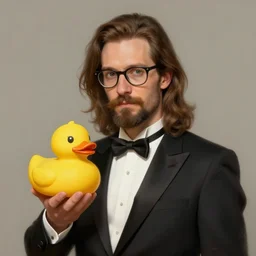 a german guy with very long brownish! hair, with glasses and stubble! beard on a tuxedo holding a rubber duck!, trade offer meme, digital painting, concept art, matte, art by artgerm