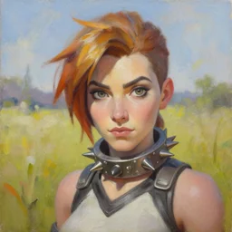 oil painting of tracer overwatch in a field wearing spiked collar around neck, in style of martine johanna, expressive face, wearing choker with spikes, steel collar, detailed face, detailed eyes, full body, feminine face, tracer overwatch,