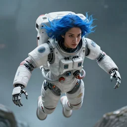 beautiful futuristic himba astronaut woman, robotic arms, blue hair, weightless, hyperrealistic, scifi, concept art, photograph