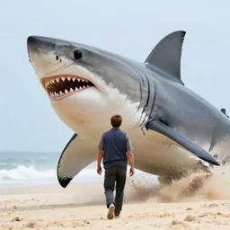telephoto movie paul walker walks away with a giant great white shark, sand kicking up, sunset, orange, desert, sunset, wind and dust blowing, movie ending, michael bay movie