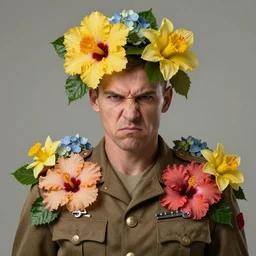 a beautiful portrait photo of a military general man, looking angry, covered by hibiscus, daffodils, hydrangea, montsera leaves by tom bagshaw and zach sutton, very detailed, artstation, 8 k