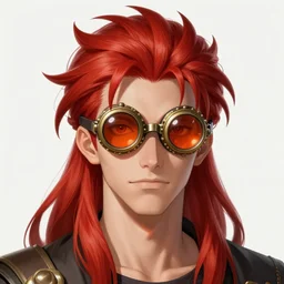 An epic fantasy comic book style portrait painting of young man with red spiked long hair, using an steampunk orange googles. Wearing a black waistcoat, white shirt. Fire on his hands. Unreal 5, DAZ, hyperrealistic, octane render, cosplay, RPG portrait, dynamic lighting
