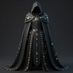 dark chainmail armor cloak dotted with glowing multicoloured gems and iridescent crystals, realistic render artwork, detailed, stealth coating, intricate linework, clear focus, ornate, powerful royal assassin, glimmering magical colors, galactic, wlop, rutkowski, chebokha, shinkai