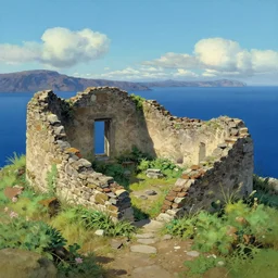 overgrown ruins of santorini, painting by ghibli