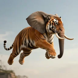 beautiful tiger elephant leaping through the sky, epic composition, hyper detailed, digital art, trending in artstation, cinematic lighting, studio quality, unreal engine 5 rendered, art style by klimt and nixeu and ian sprigger and wlop and krenz cushart