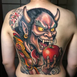 a japanese oni biting an apple back tattoo, color, amazing detail, award winning, trending on pinterest