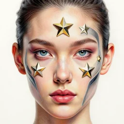 Intricate five star Cyborg facial portrait by Anna Kullberg, Colored pencil on paper, high detail, skin texture, photo realistic, hyperrealism,matte finish, high contrast, 3d depth, masterpiece, vivid colors, artstationhd