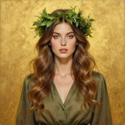 epic painting drawing, full figure portrait of beautiful supermodel wearing olive blouse, long wavy hair with green tea leaves bridal crown,, photography by amy leibowitz, wlop, jeremy lipkin, beeple, intricate, symmetrical front portrait, artgerm, golden glowing background - w 1 0 2 4 - h 1 0 2 4