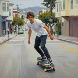 a young man riding a longboard down steep street in san Francisco, oil painting