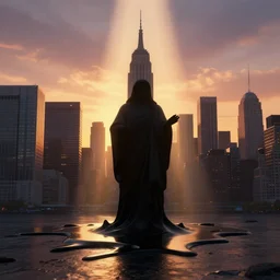godrays over black melting silhoutte in the middle of new york, magic hour, 3 d render, cinematic,