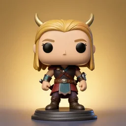 funko of a viking woman, wide shot, vibrant color details, zbrush, hyper realistic, golden ratio, macro lens, unreal engine, octane render, symmetric
