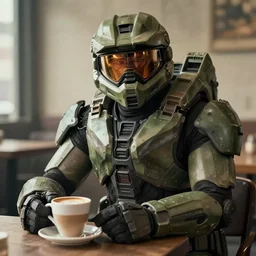 Master Chief from Halo 3 sitting down having a coffee