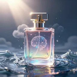 perfume bottle surrounded by water droplet and waves, lonely world still shining through faintly rainbow led lights, beautiful surreal scenery artwork pixiv. gigantic architectural modern design node network of cloud computing soul dust. unthinkable dream cloud computer infinites. sublime god lighting, sun rays, cold colors. insanely detailed, artstation!! pixiv!! infinitely detailed created by god