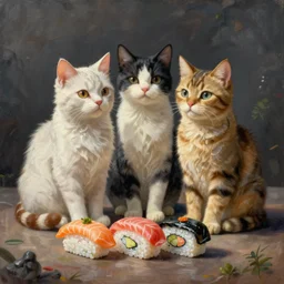 clear surrealist painting of adorable cats made out of sushi