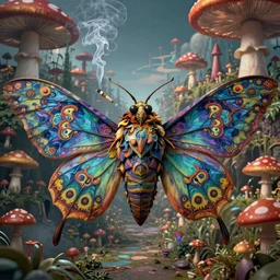 8K headshot Portrait of centered chest up of a psychedelic godlike mothman with giant mandala wings smoking a hand-rolled cigarette smoking heavily , magic mushroom village in background , post-processing , award winning. superb resolution. in the art style of junji Ito and greg rutkowski . Detailed Mushroom city in background. Hyper realistic anime. Perfect art. Dalle2