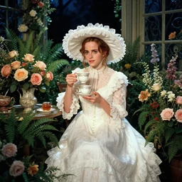 film grain fantasy, glow, shimmer, emma watson as victorian woman in a long white frilly lace dress and a large white hat having tea in a sunroom filled with flowers, roses and lush fern flowers ,intricate, night, highly detailed, dramatic lighting , high quality