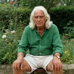 long white hair old man with green shirt and white short, sitting in ile de re house garden, film still of plein soleil ( 1 9 6 0 )