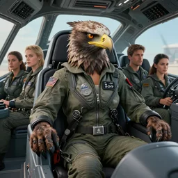 epic professional digital art of female human - eagle hybrid animal, sitting in cockpit, wearing human flight jumpsuit, air force jumpsuit, humanoid feathered head, eagle beak, human hands, by lisa roet, reyna rochin, ignacio fernandez rios, leesha hannigan, wayne haag, artstation, cgsocietywlop, epic, much wow, much detail