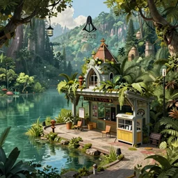 a beautiful hyperdetailed illustration of architecture urbex taxi station by asher brown durand, reclaimed by nature lake magic realism wilderness rainforest assassin's creed forest, archdaily, wallpaper, highly detailed, trending on artstation.