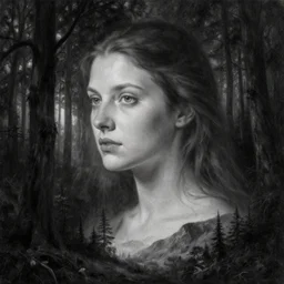 digital and traditional art painting portrait of ethereal plane with forest and mountainside, black and white, high detail, textured, by caestrad, dark background, mystic, perfect lighting, high contrast, arstation, artgerm, chris cold, soft - focus, lightrays
