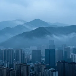 rainy, foggy, city in the mountains with shades of blue 4k, 8k