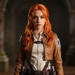 a portrait of emma roberts, she has orange hair, wearing an attack on titan uniform, medieval, style by donato giancola, wayne reynolds, jeff easley dramatic light, high detail, cinematic lighting, artstation, dungeons and dragons