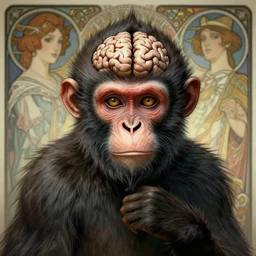 an evil monkey with a criminal mastermind brain, ultradetail face, art and illustration by tian zi and wlop and alphonse mucha, fantasy, intricate complexity, world concept, blurry