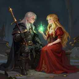 Little Geralt and little Yennefer play together, Yennefer uses magic, digital art by greg rutkowsky, masterpiece, balanced colors HD