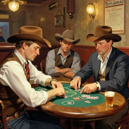 cowboys playing poker in a saloon, trending on artstation, Norman Rockwell  and Richard Schmid